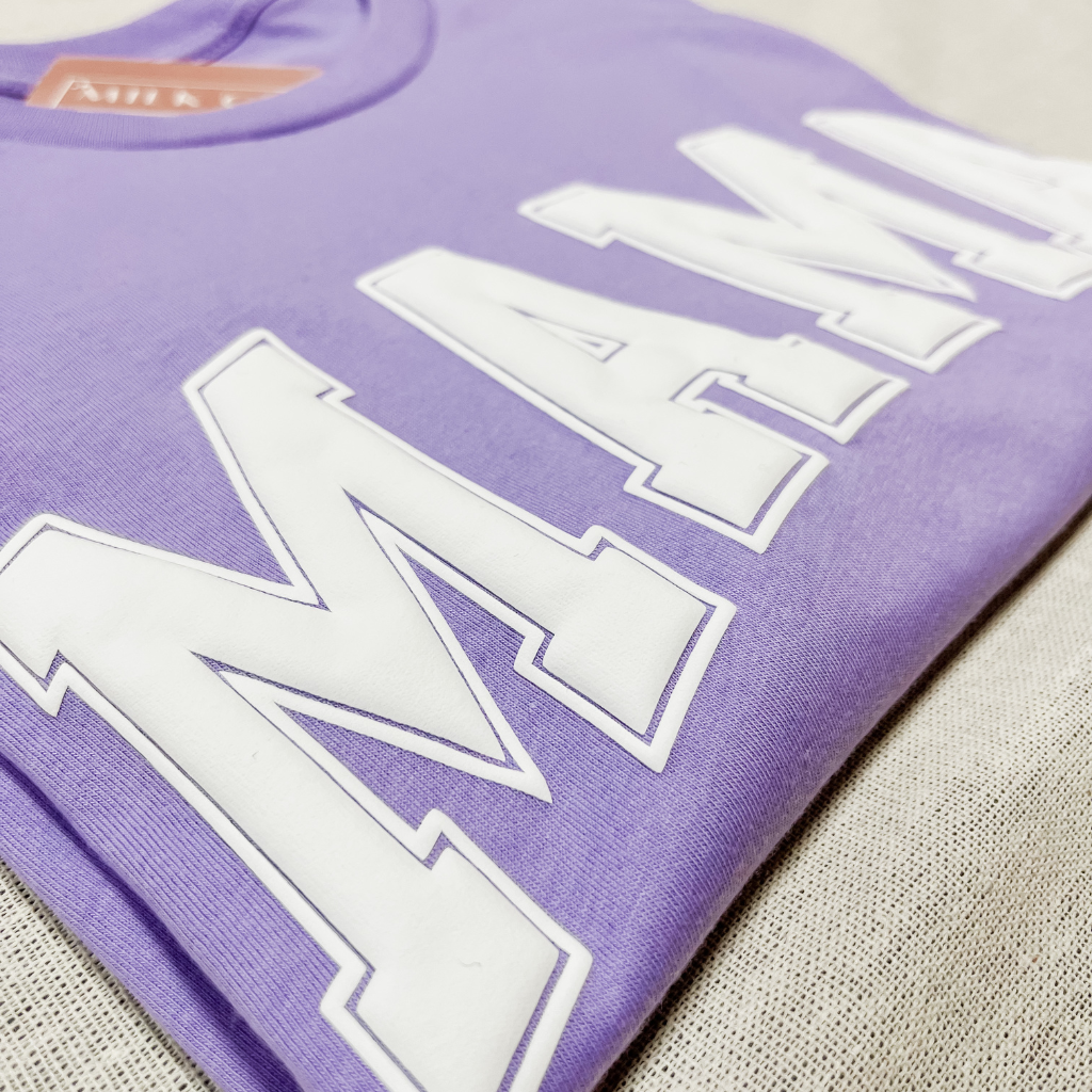 Lavender T-Shirt with White Puff Mama Graphic