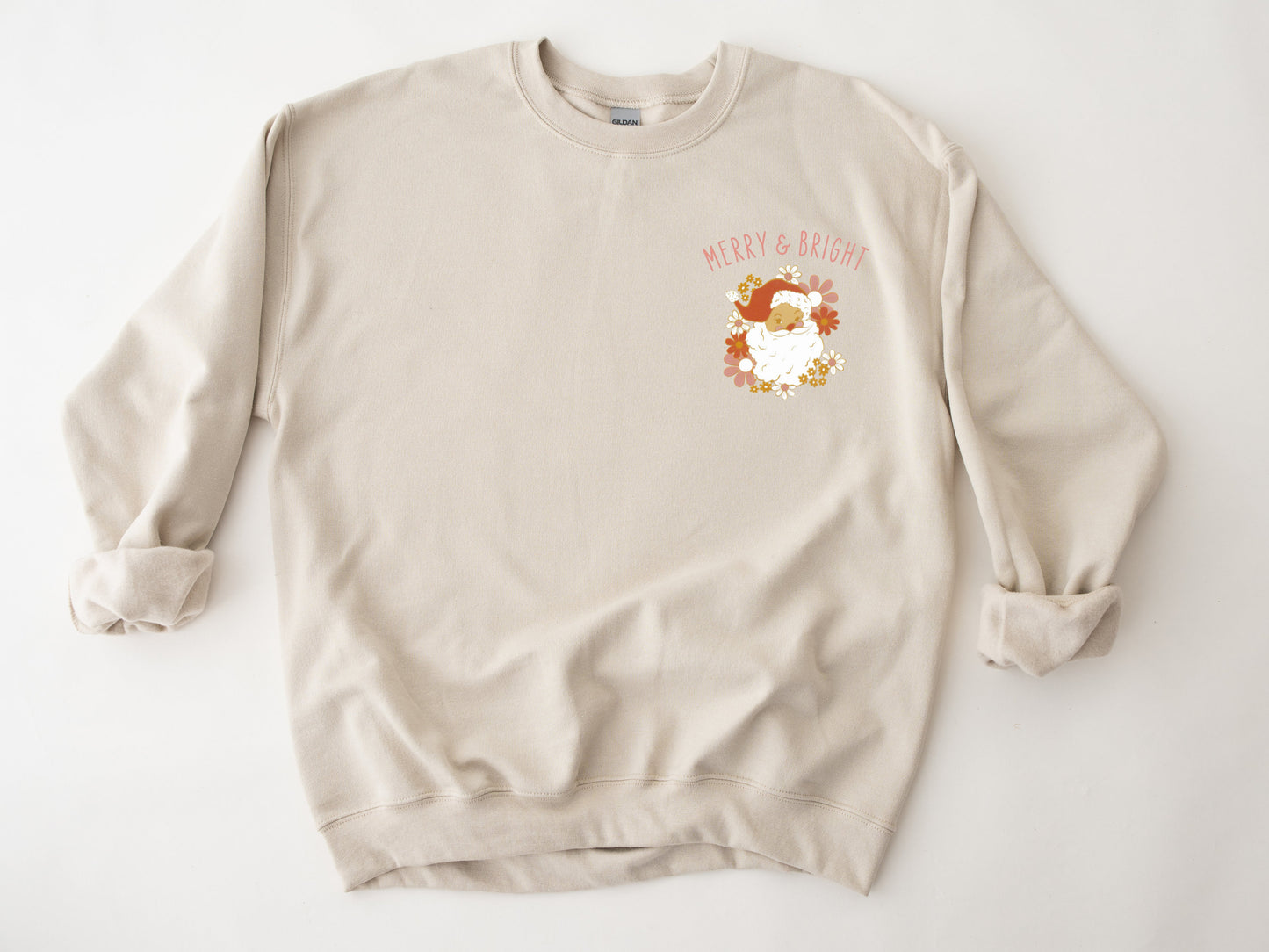 Merry and Bright Sweater, Cute Christmas Shirts, Holiday Shirt, Retro Santa Sweater, Floral Santa Sweater, Pastel Santa Clause Shirt