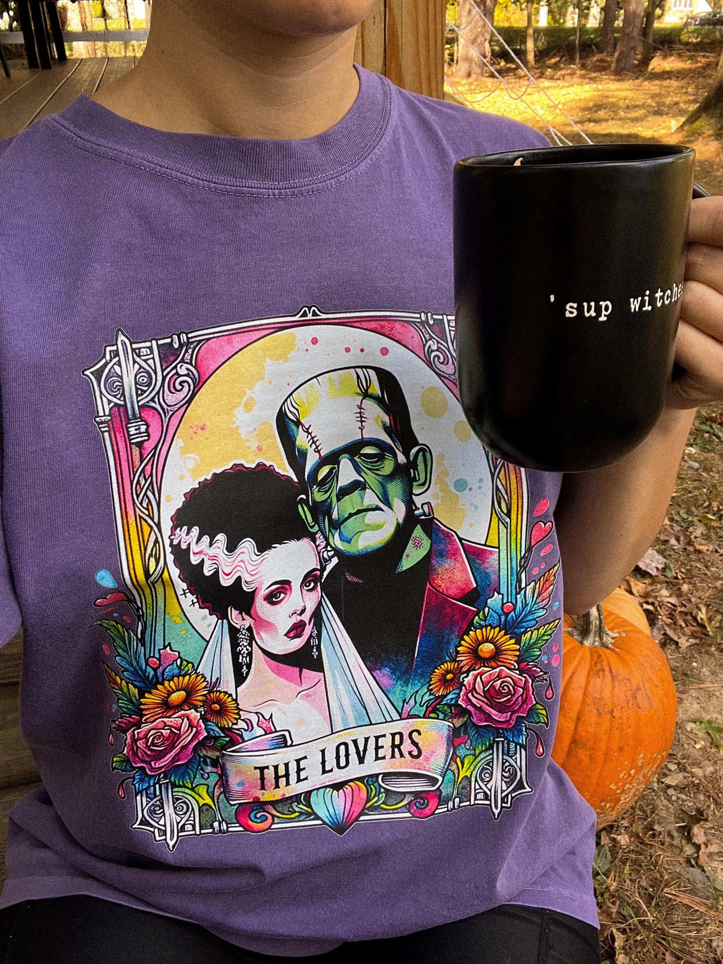 The Lovers Tarot Card Tee, Monster Halloween Tee, Frankenstein Halloween Shirt, Purple Comfort Color Tee, Bride of Frankenstein Shirt