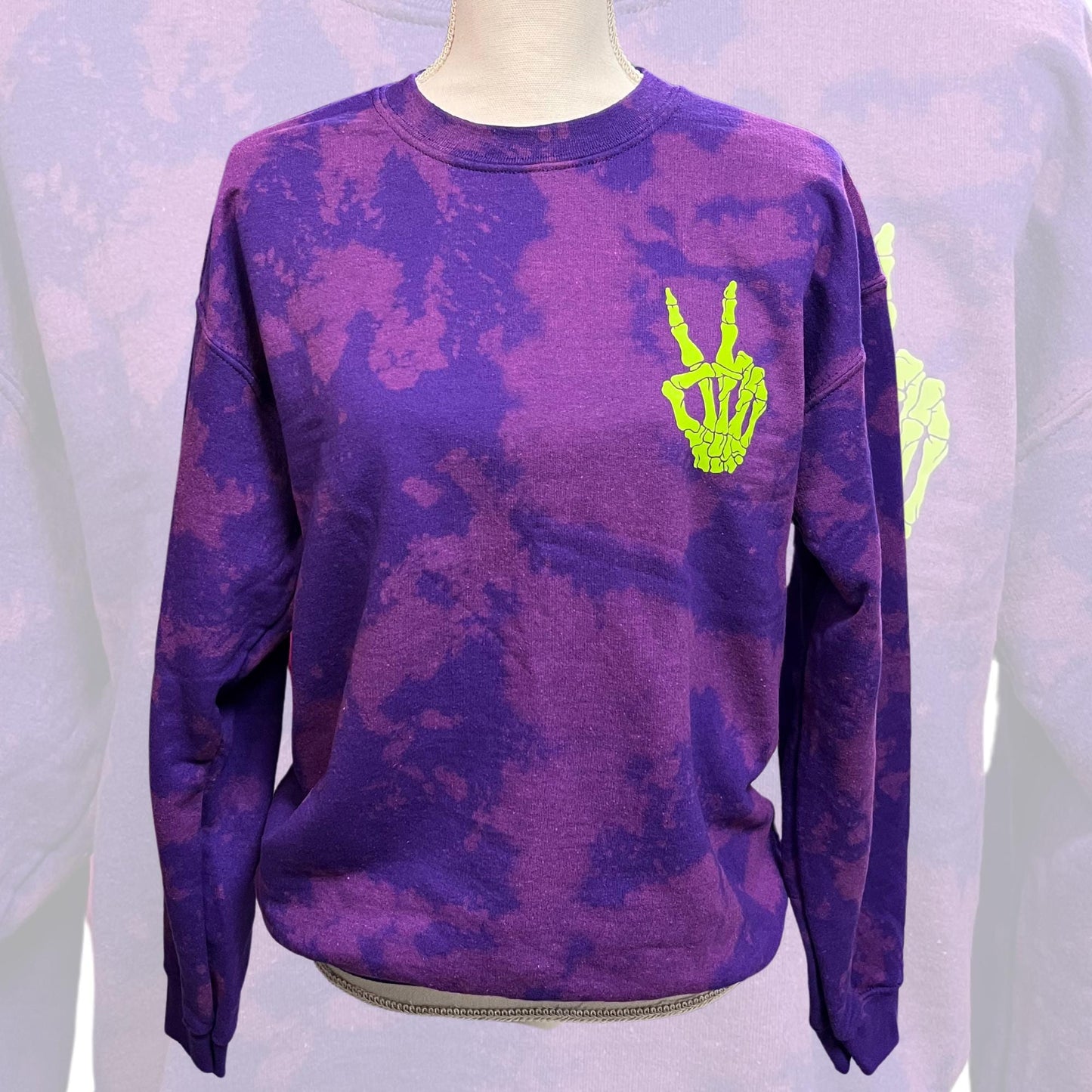 Slime Green Peace Sign Fleece Crew, Reverse Tie Dye Shirt, Skelly Crewneck, Creepy Halloween Shirt, Bleached Sweater, Grunge Acid Wash Shirt