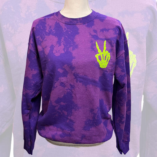 Slime Green Peace Sign Fleece Crew, Reverse Tie Dye Shirt, Skelly Crewneck, Creepy Halloween Shirt, Bleached Sweater, Grunge Acid Wash Shirt
