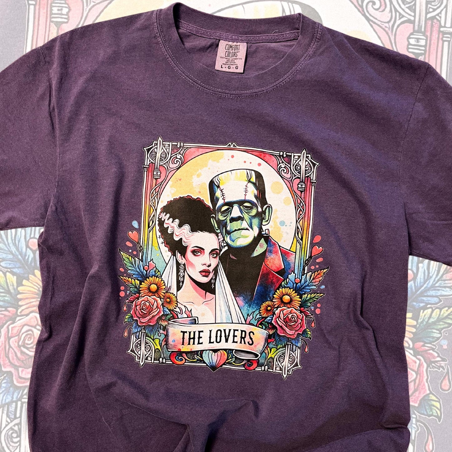 The Lovers Tarot Card Tee, Monster Halloween Tee, Frankenstein Halloween Shirt, Purple Comfort Color Tee, Bride of Frankenstein Shirt