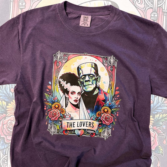The Lovers Tarot Card Tee, Monster Halloween Tee, Frankenstein Halloween Shirt, Purple Comfort Color Tee, Bride of Frankenstein Shirt