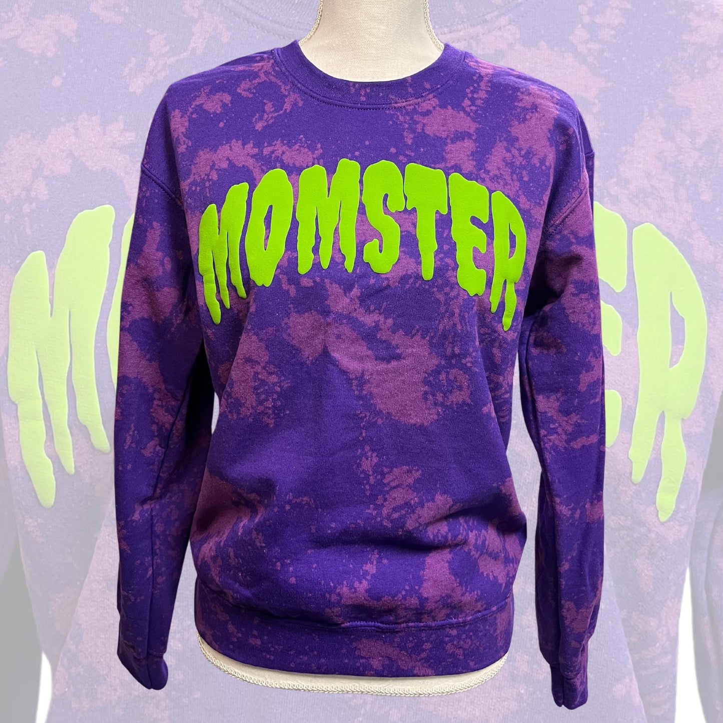Slime Green Momster Fleece Crew, Reverse Tie Dye Shirt, Puff Print Halloween Sweatshirt, Halloween Mama, Bleached Sweater, Custom Made