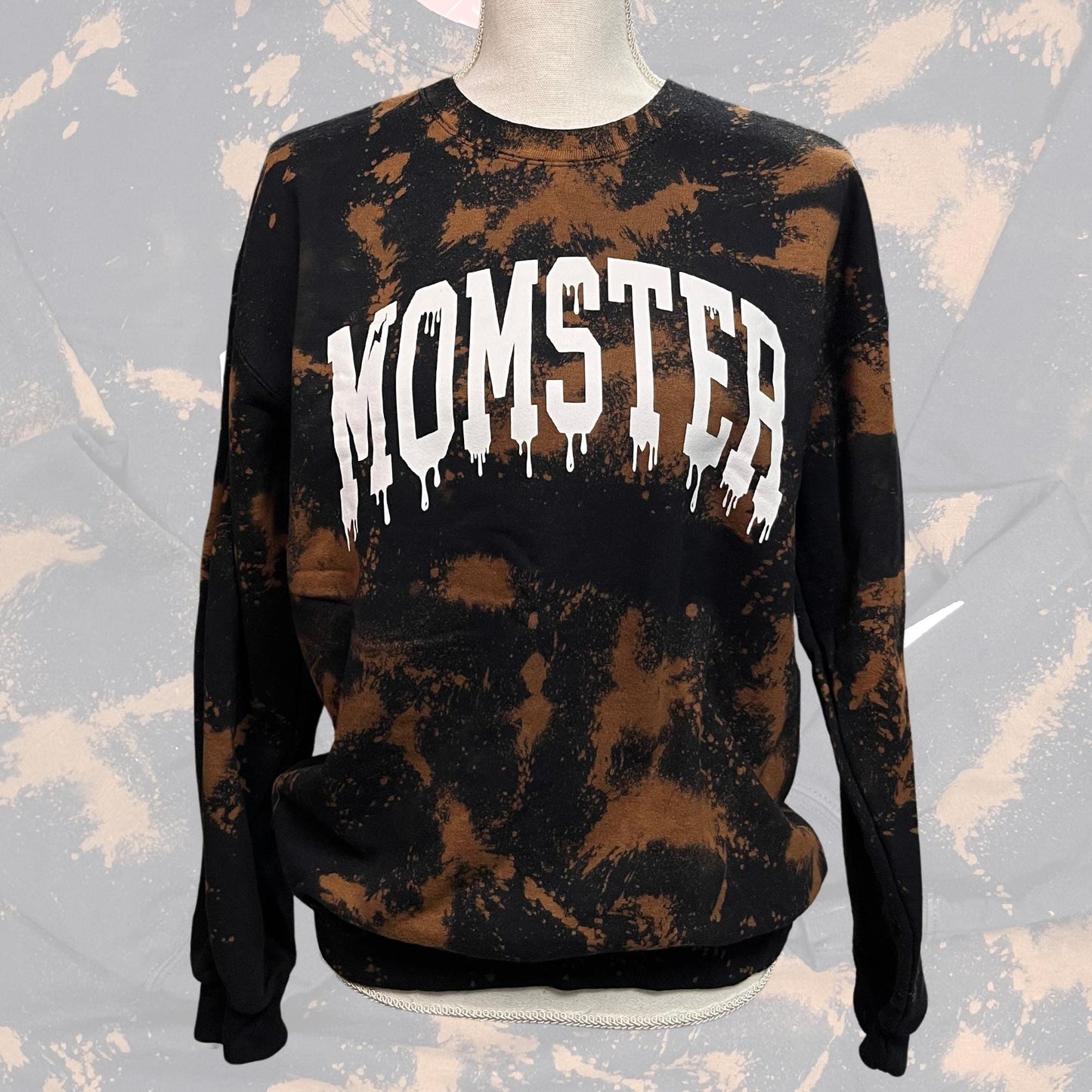 Momster Fleece Crew, Reverse Tie Dye Shirt, Halloween Sweatshirt, Halloween Mama, Bleached Sweater, Momster T-Shirt, Black Acid Wash Shirt