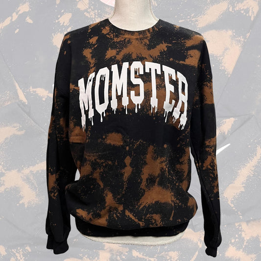 Momster Fleece Crew, Reverse Tie Dye Shirt, Halloween Sweatshirt, Halloween Mama, Bleached Sweater, Momster T-Shirt, Black Acid Wash Shirt