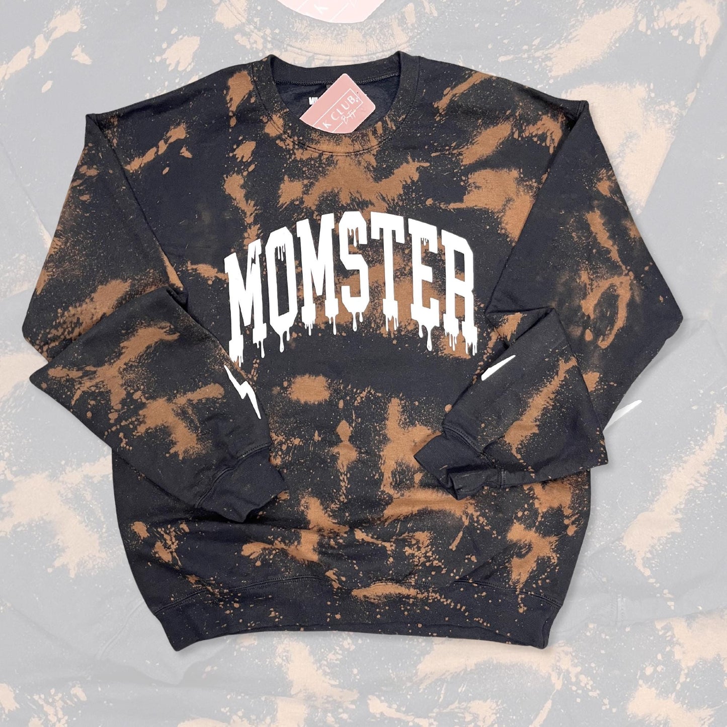 Momster Fleece Crew, Reverse Tie Dye Shirt, Halloween Sweatshirt, Halloween Mama, Bleached Sweater, Momster T-Shirt, Black Acid Wash Shirt