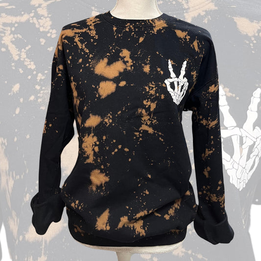 Acid Wash Fleece Crewneck, Reverse Tie Dye Shirt, Skeleton Shirt, Halloween Sweatshirt, Black Bleached Sweater, Skelly Peace Sign Shirt