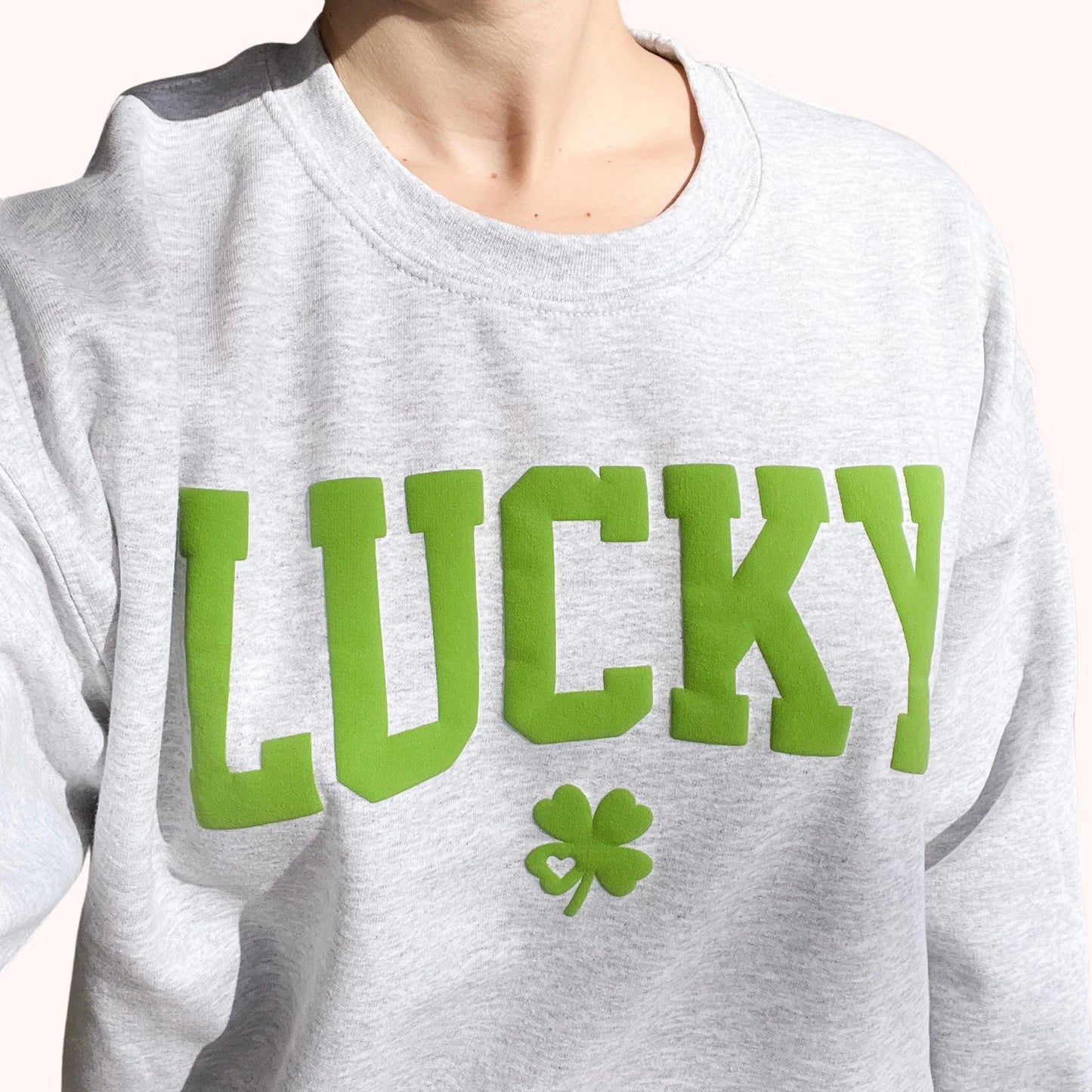 Lucky Puff Print Sweater St. Patrick's Day Crewneck Four Leaf Clover Sweater Make Your Own Luck st Paddy's Day Embossed Lucky Shirt