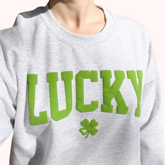 Lucky Puff Print Sweater St. Patrick's Day Crewneck Four Leaf Clover Sweater Make Your Own Luck st Paddy's Day Embossed Lucky Shirt