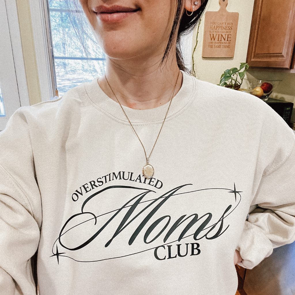 Overstimulated Moms Club Crewneck in Beige with Black Graphic